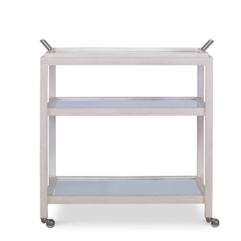 white wood bar cart casters 2 fixed shelves mirrors removable tray top modern