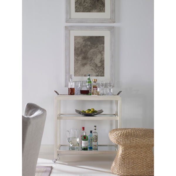 white wood bar cart casters 2 fixed shelves mirrors removable tray top modern