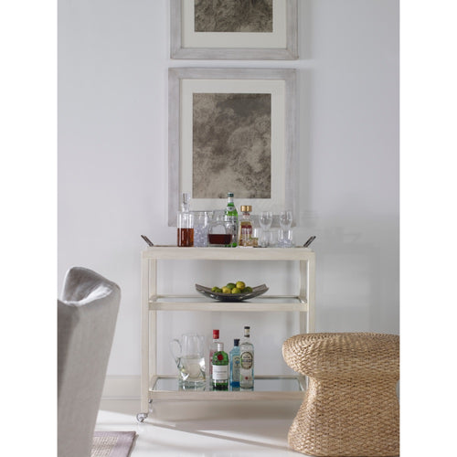 white wood bar cart casters 2 fixed shelves mirrors removable tray top modern