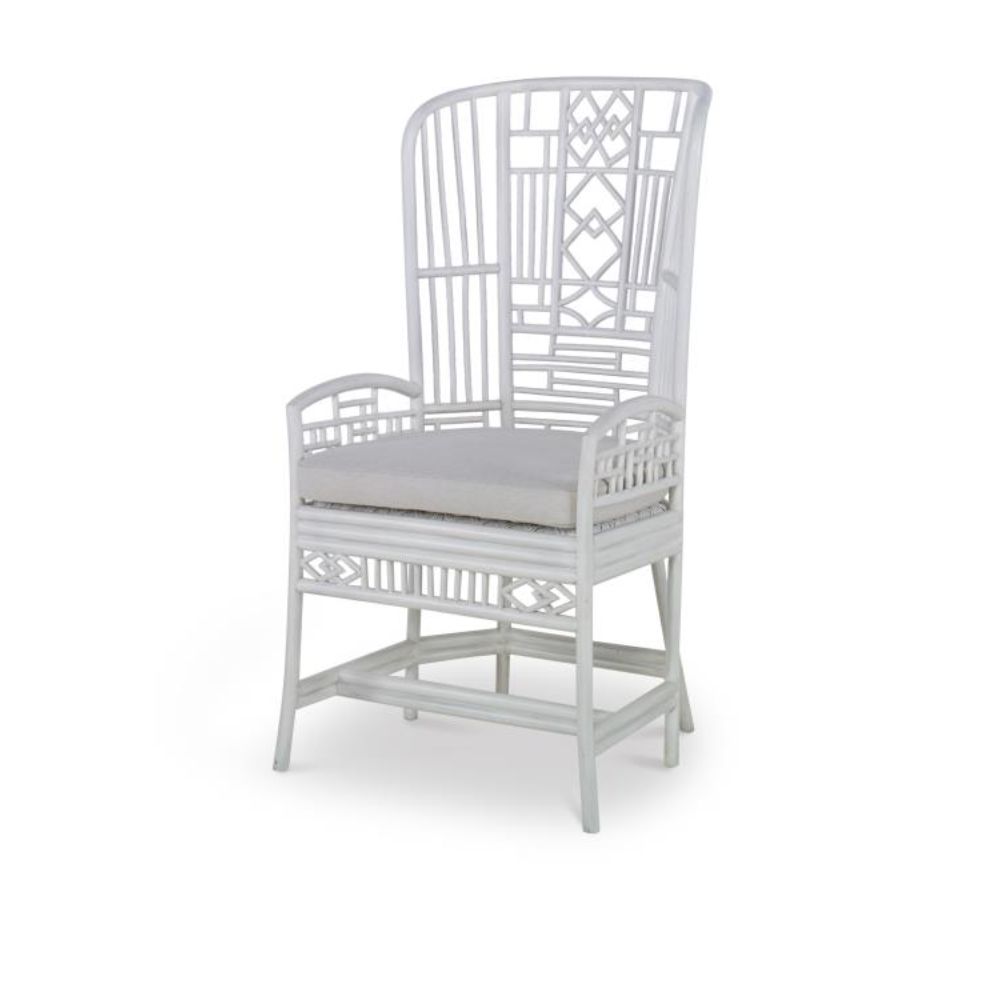 chair rattan open frame off-white flax colored seat cushion high wing back