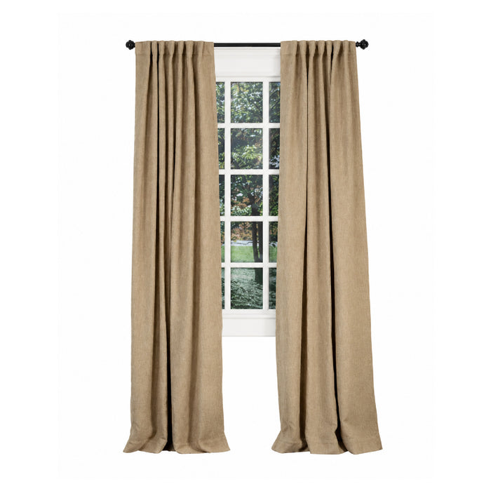 Emdee International’s Boucle Flax Cotton Curtain Panel frames a window, revealing tranquil views of lush trees and greenery.