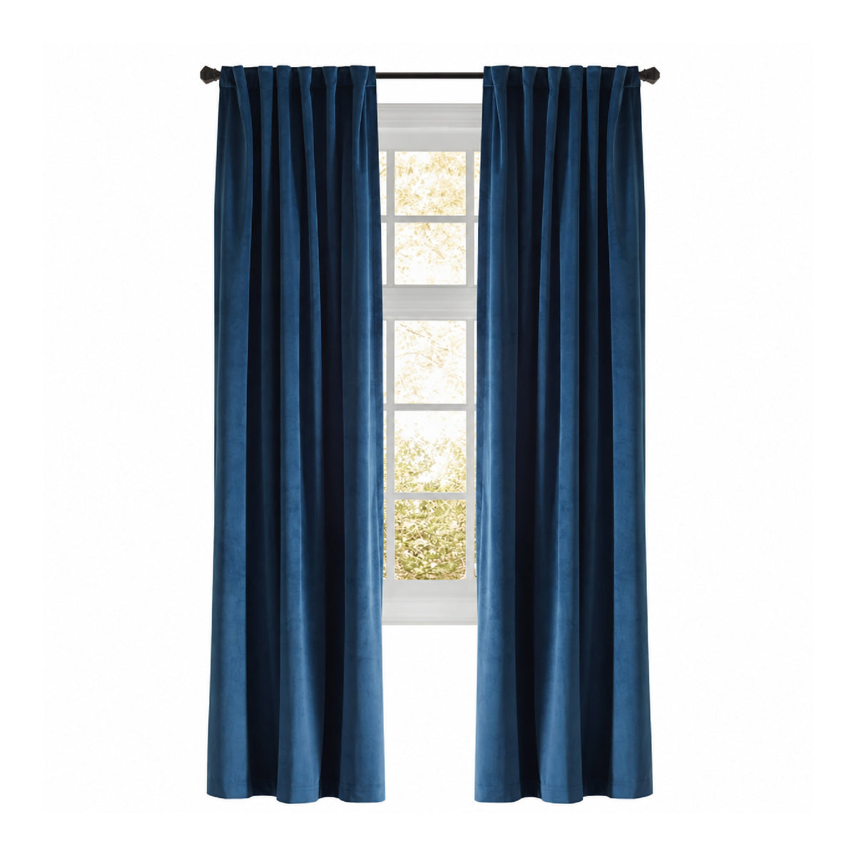 Sunlight and trees shine through an Emdee International Camden Navy Velvet Curtain Panel, gently parted at the window.