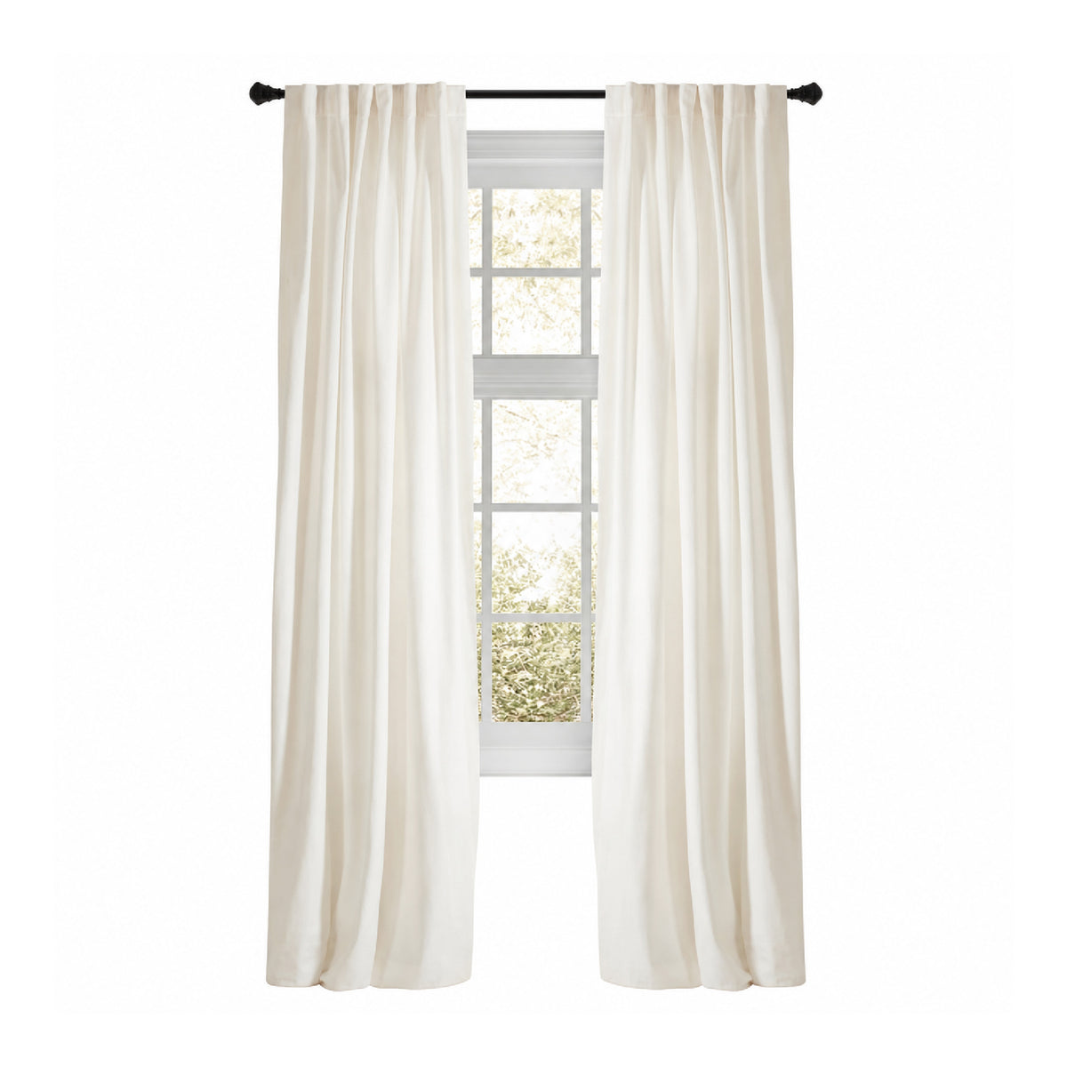 Camden White Velvet Curtain Panels by Emdee International hang on a black rod, creating an airy, elegant look.