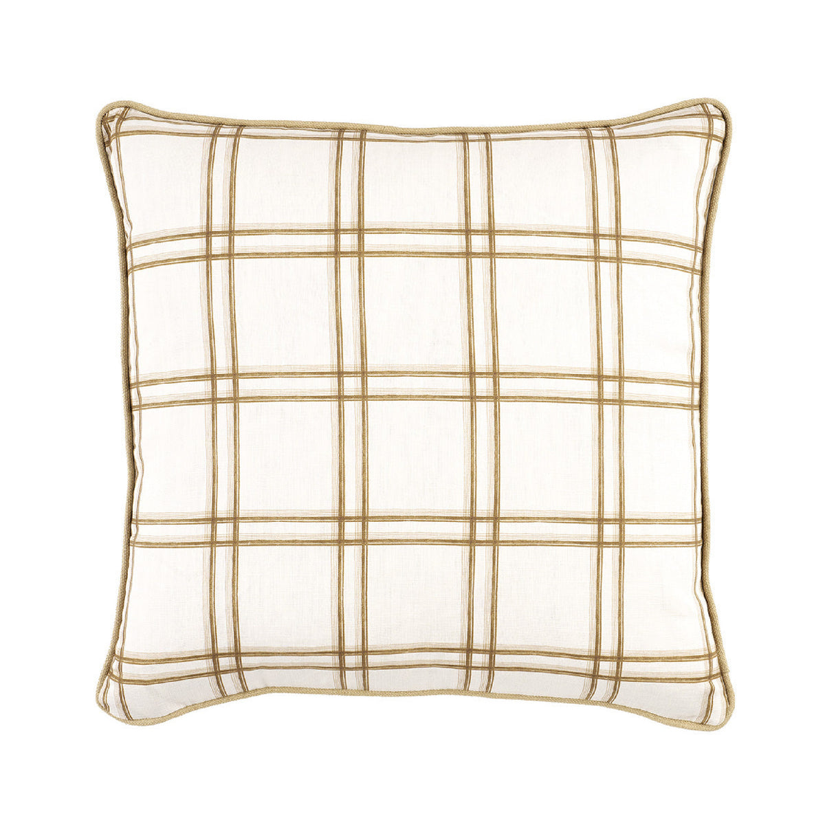 A square throw pillow with an off-white base and a tan plaid pattern, shown against a plain white background.
