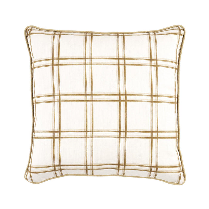 A square throw pillow with an off-white base and a tan plaid pattern, shown against a plain white background.