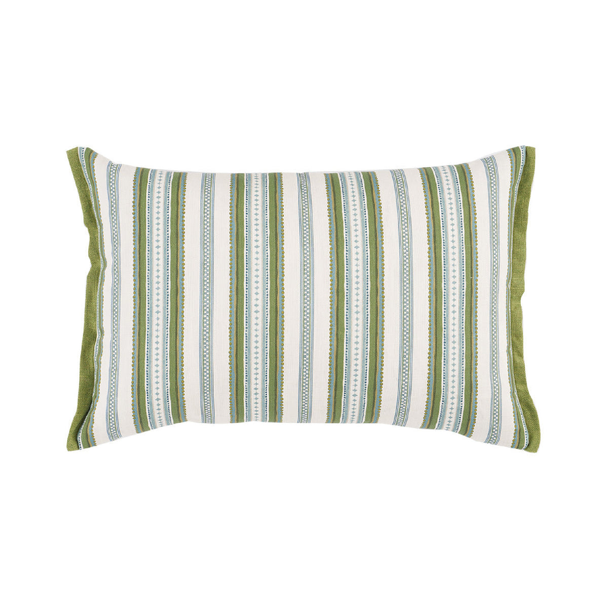 A rectangular lumbar throw pillow featuring a vertical striped pattern in olive green, sage green, and light blue on an off-white background, finished with solid olive green piping.