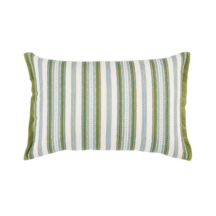 A rectangular lumbar throw pillow featuring a vertical striped pattern in olive green, sage green, and light blue on an off-white background, finished with solid olive green piping.