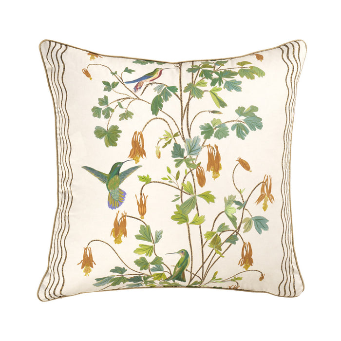 A square decorative throw pillow with a cream-colored fabric base, featuring an embroidered botanical pattern of green leaves, yellow columbine flowers, and birds, finished with a striped piped edge.