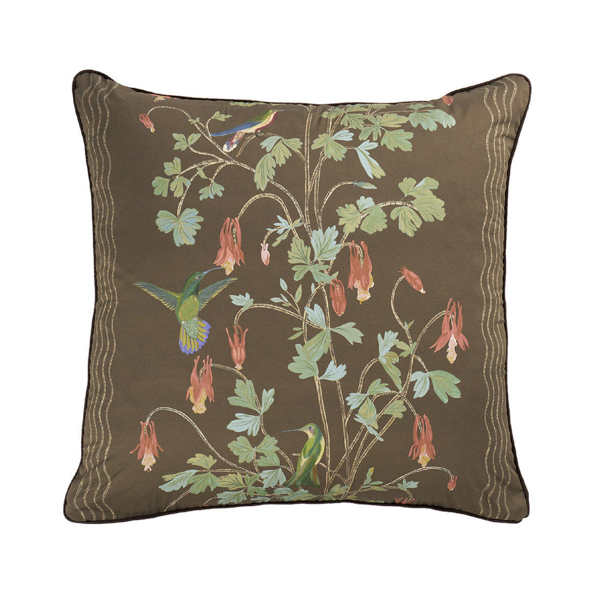 A square decorative throw pillow featuring a detailed botanical and bird pattern on a dark brown background. The design includes green leaves, hanging dusty pink flowers, and two hummingbirds in green and blue.