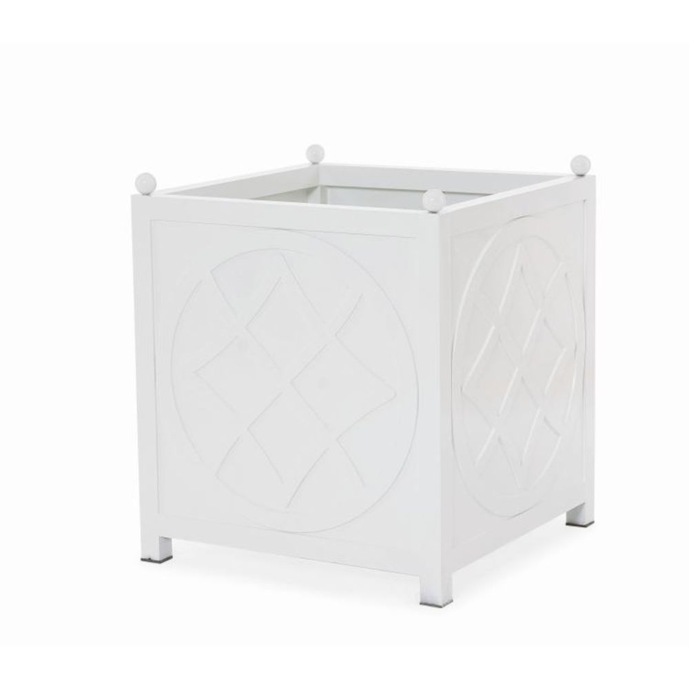 white square outdoor planter applied circle molding corner finials powder coated aluminum