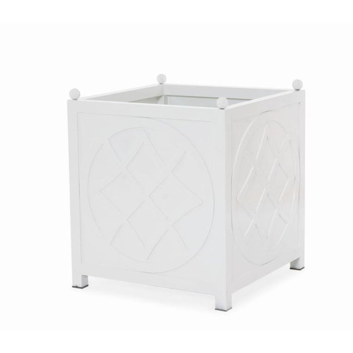 white square outdoor planter applied circle molding corner finials powder coated aluminum