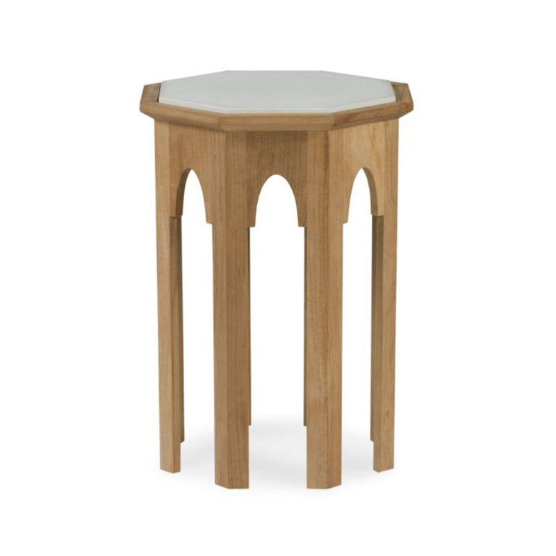 accent table teak frame octagon white cast stone top outdoor