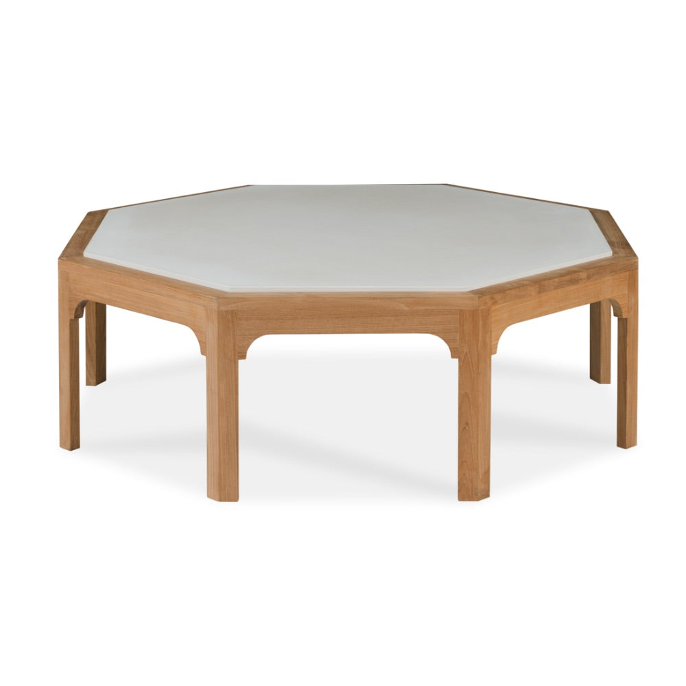 coffee table outdoor teak frame white cast stone top octagon