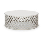 round white cast concrete outdoor coffee table lattice