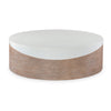 large round outdoor cocktail coffee table faux oak cast concrete white medium brown