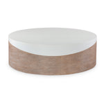 large round outdoor cocktail coffee table faux oak cast concrete white medium brown