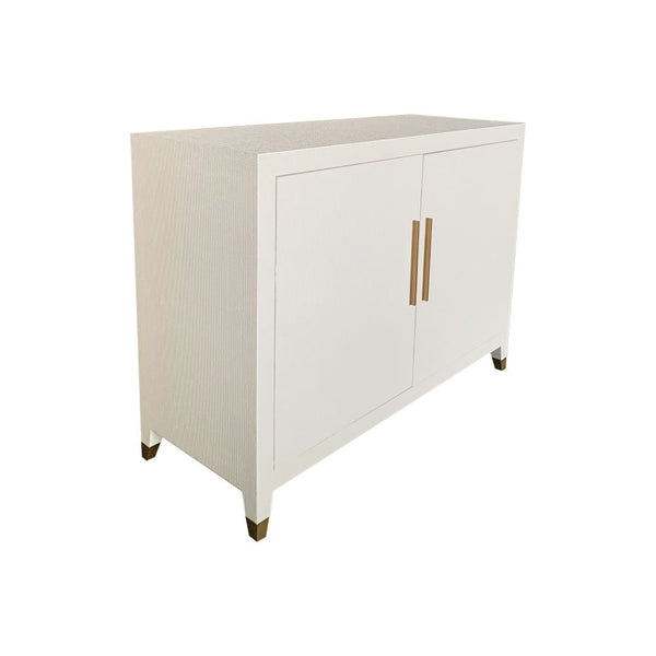 off-white raffia wrapped 2-door cupboard interior shelf brass hardware