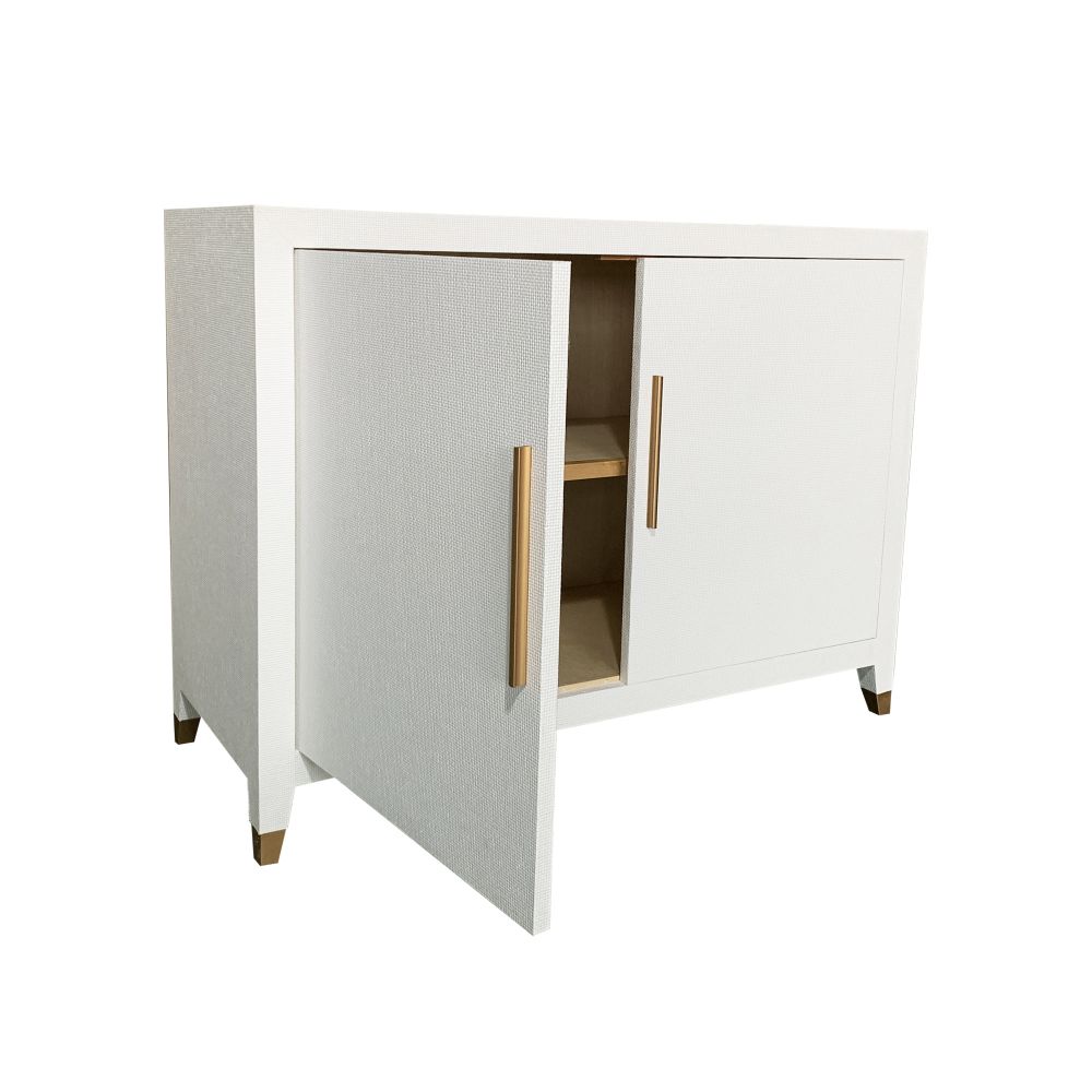 off-white raffia wrapped 2-door cupboard interior shelf brass hardware