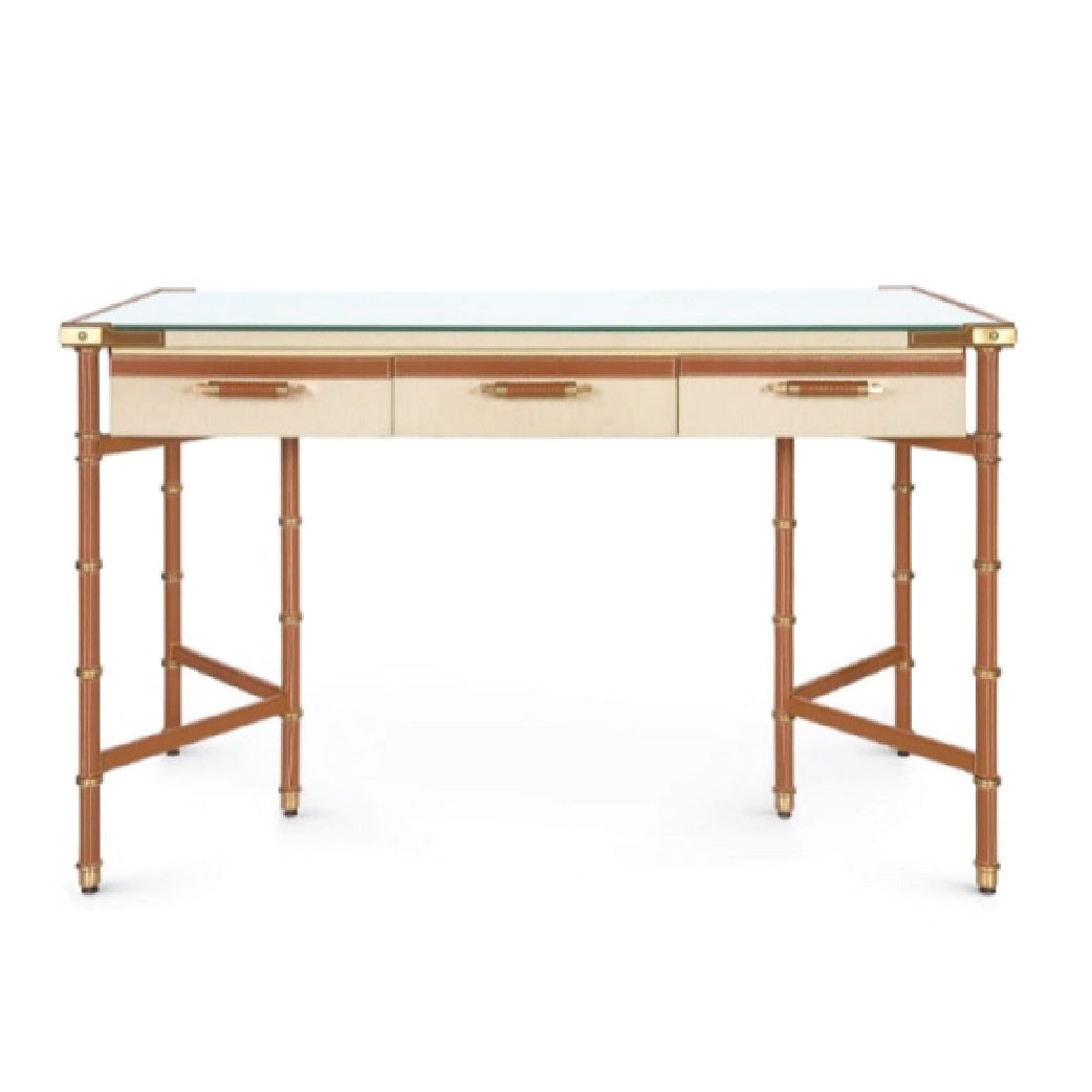 leather wrapped canvas drawer desk tan gold accents