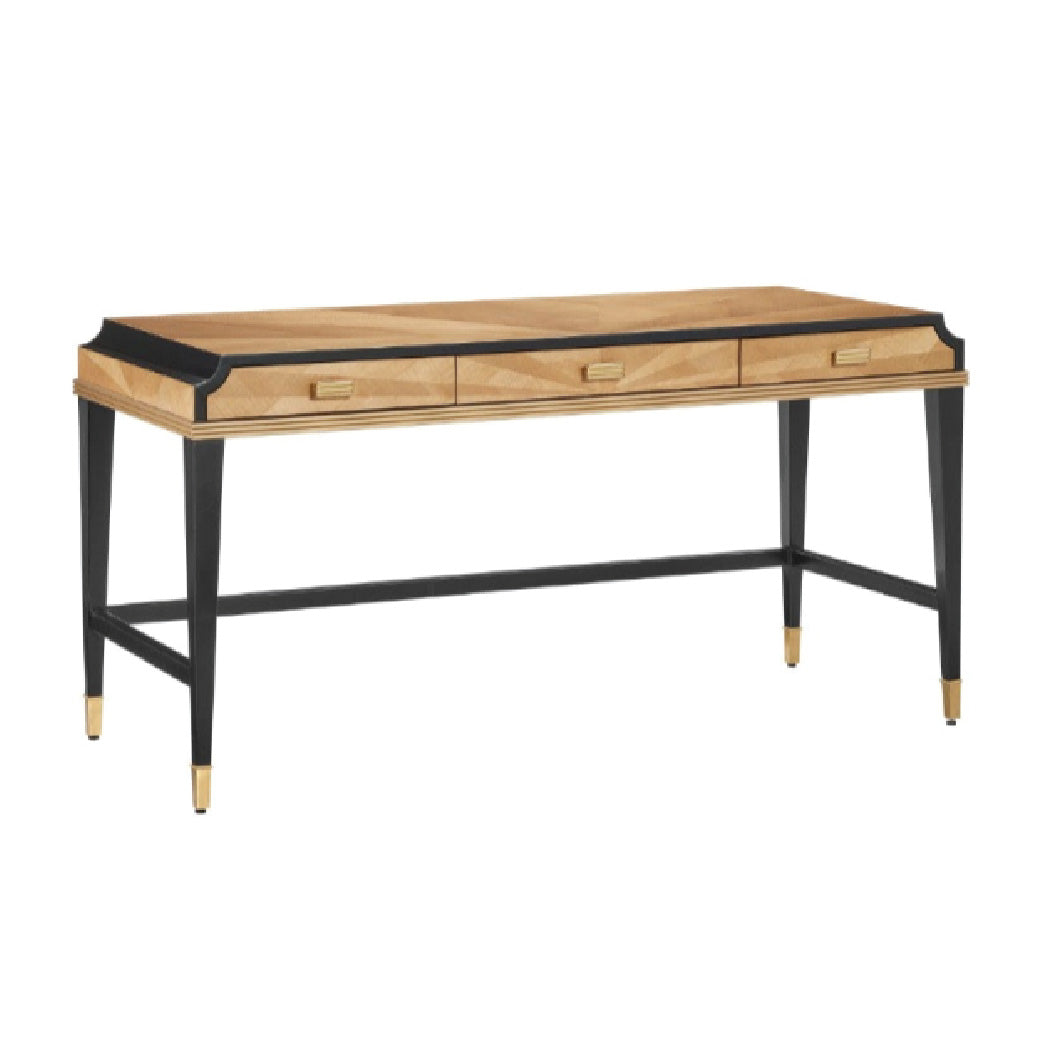 desk tan veneer pieced brass handles black trim