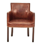 brown aged leather upholstered arm chair dark stained legs nailhead trim