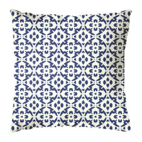 Laura Park Designs Outdoor Porto Tiles Navy Pillow features a blue floral tile pattern and is fade resistant—great outdoors.