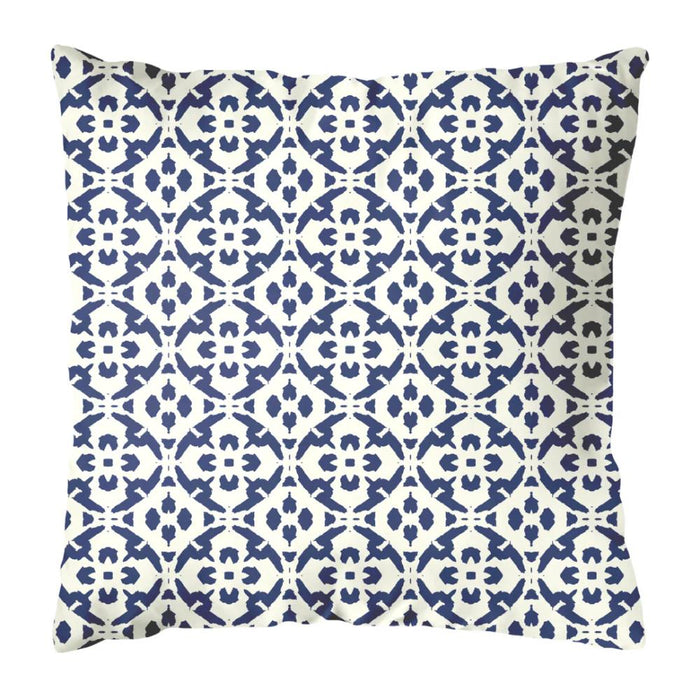 Laura Park Designs Outdoor Porto Tiles Navy Pillow features a blue floral tile pattern and is fade resistant—great outdoors.