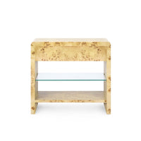 one drawer side table glass shelf brushed brass pull burl wood