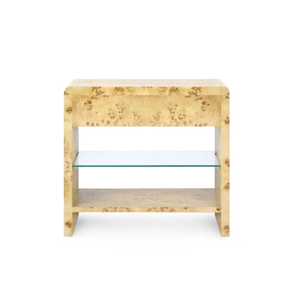 one drawer side table glass shelf brushed brass pull burl wood