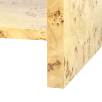 one drawer side table glass shelf brushed brass pull burl wood