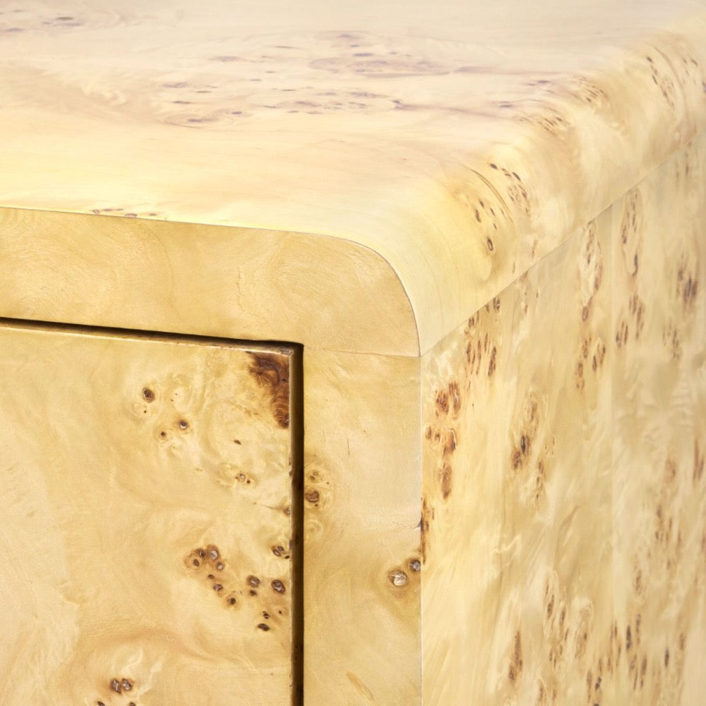 one drawer side table glass shelf brushed brass pull burl wood