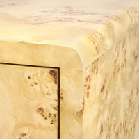 one drawer side table glass shelf brushed brass pull burl wood