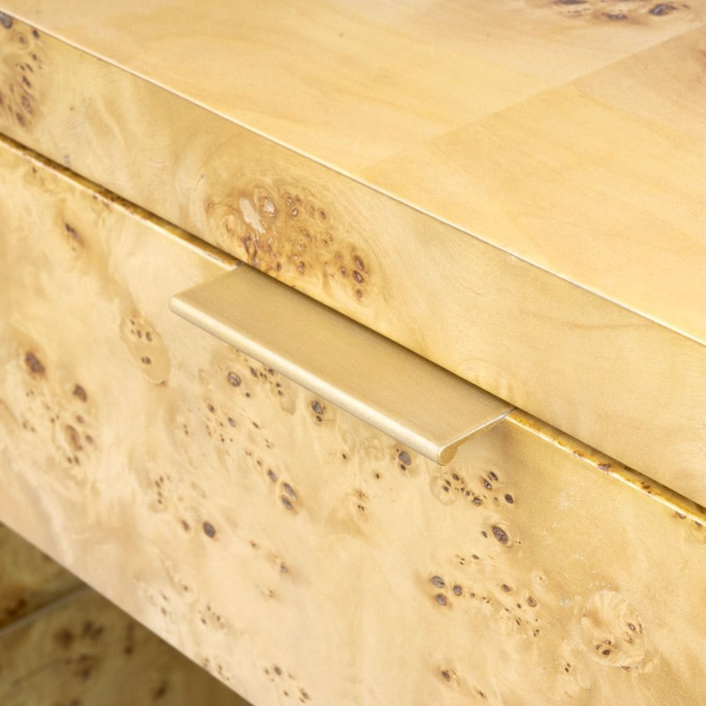 one drawer side table glass shelf brushed brass pull burl wood