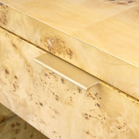 one drawer side table glass shelf brushed brass pull burl wood