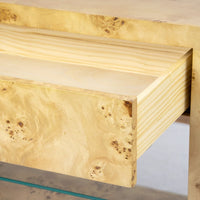 one drawer side table glass shelf brushed brass pull burl wood