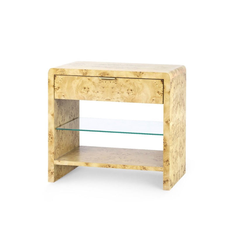 one drawer side table glass shelf brushed brass pull burl wood