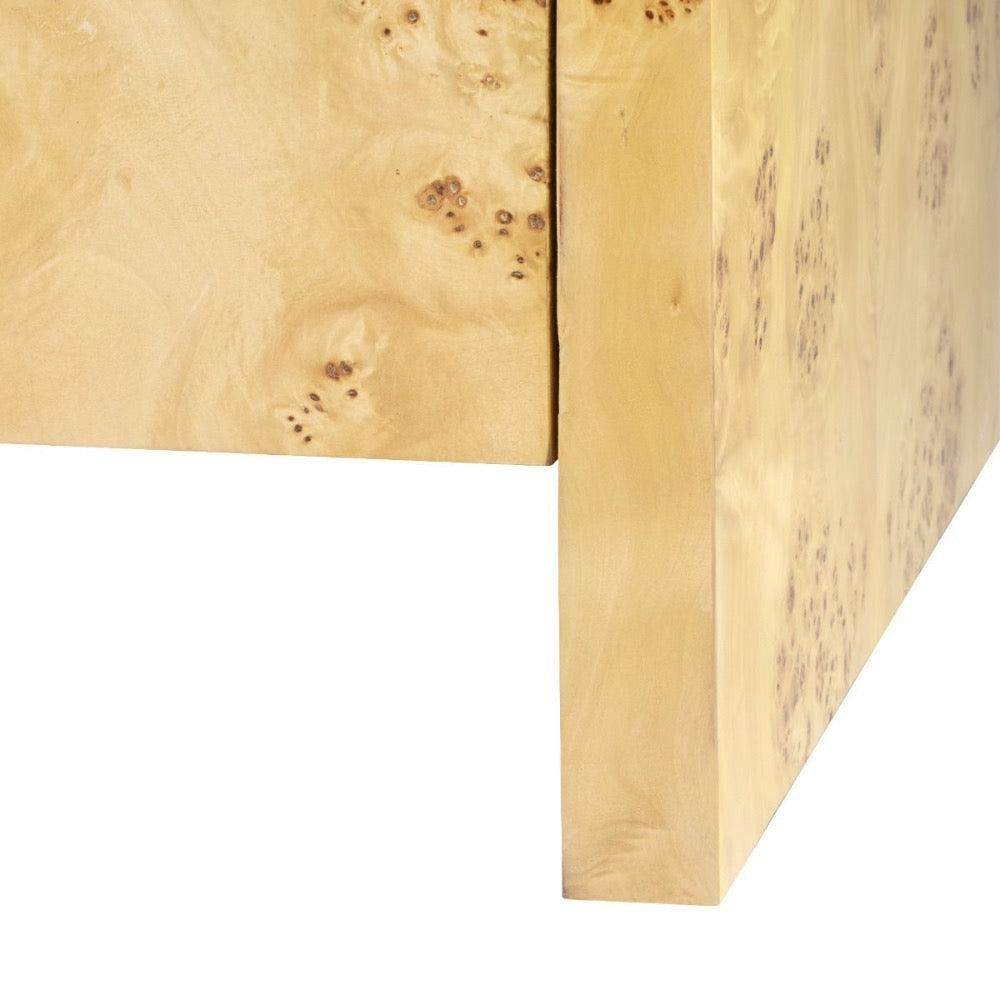 side table three drawer burl wood brushed brass accents