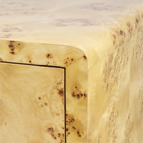 side table three drawer burl wood brushed brass accents