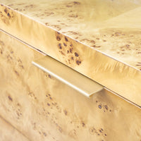 side table three drawer burl wood brushed brass accents