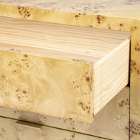 side table three drawer burl wood brushed brass accents