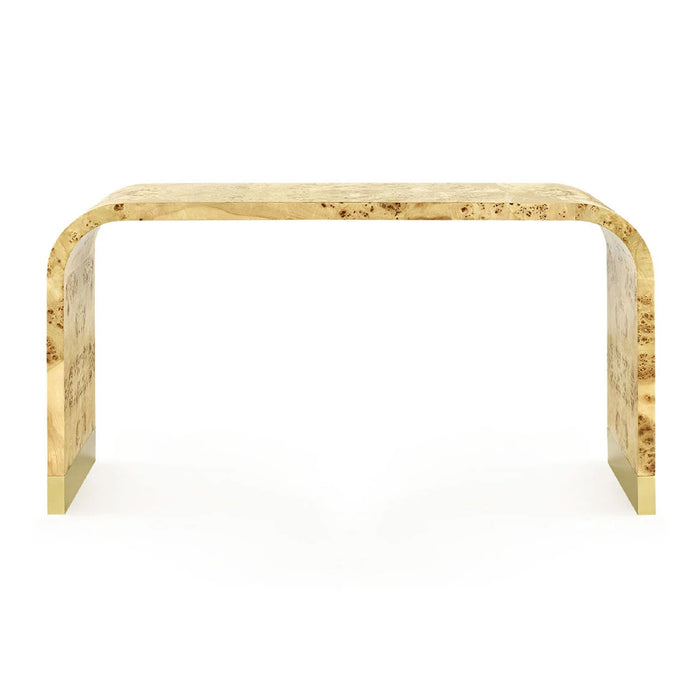 A modern console table with a curved top and legs, crafted from natural burl wood with a polished gold finish, shown against a plain white background.