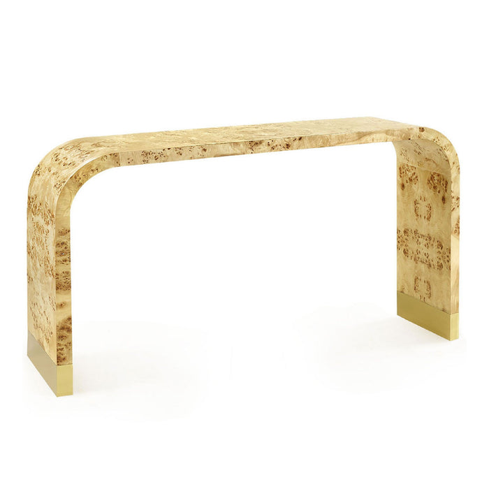 A modern console table with a curved, burl wood top and legs, finished in a light tan and brown marbled pattern with polished gold metal feet, shown on a white background.
