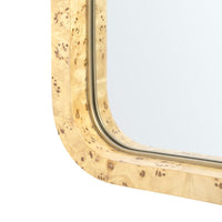 oak burl wood wall mirror curved edge brushed brass accent 