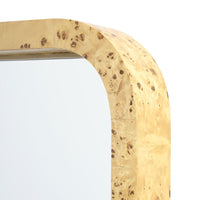 oak burl wood wall mirror curved edge brushed brass accent 
