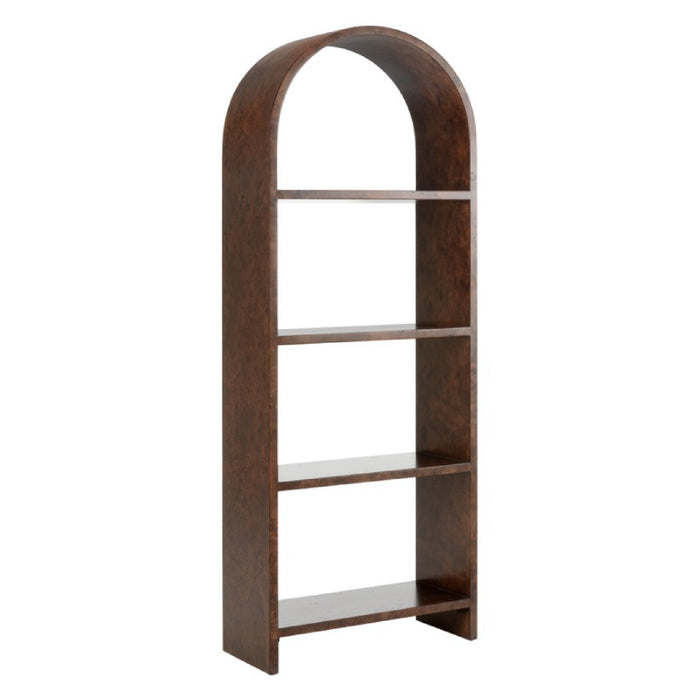 Gion Burl Etagere by Wildwood Home: arched wooden bookshelf, four shelves, dark brown finish, elegant appeal.