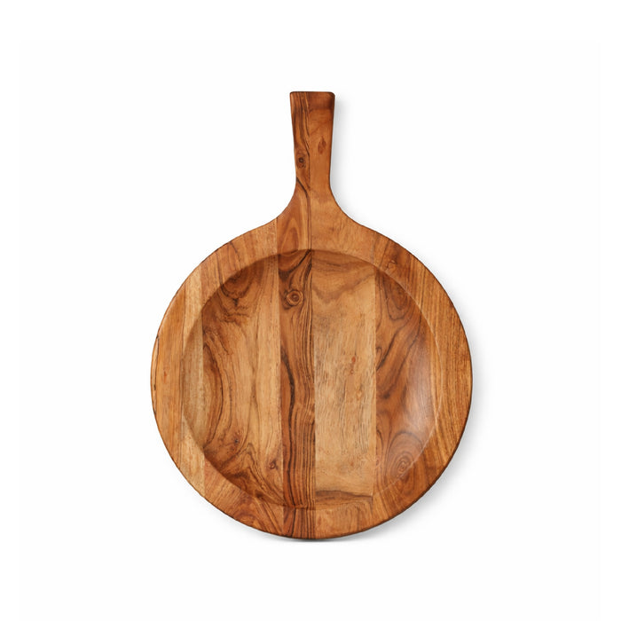 Wooden round cutting board with handle on a white background
