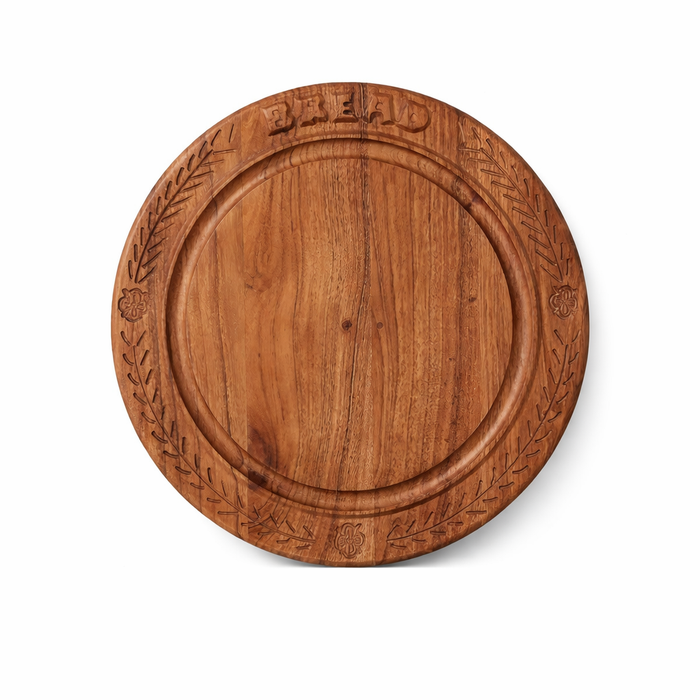 Wooden cutting board with engraved design on a white background