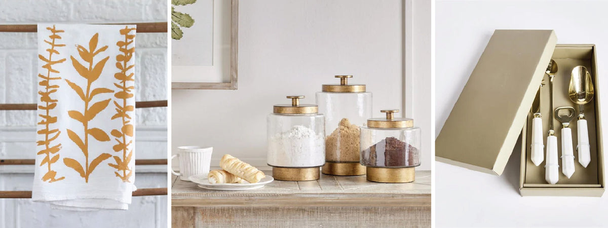 three products: white tea towels, clear bronze canisters, cocktail tools in a box