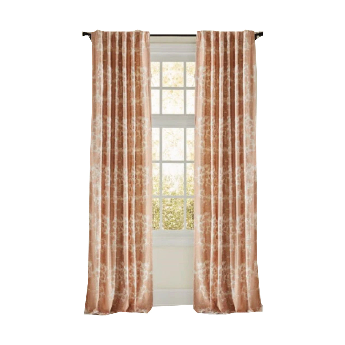 Marissa Rose Gold Curtain Panel by Emdee Int'l, featuring brown floral and metallic print, with light streaming through.