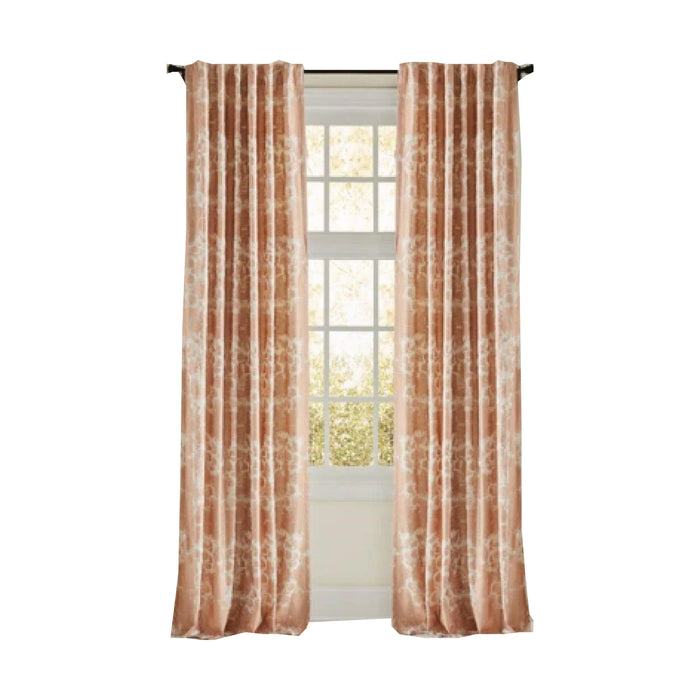 Marissa Rose Gold Curtain Panel by Emdee Int'l, featuring brown floral and metallic print, with light streaming through.